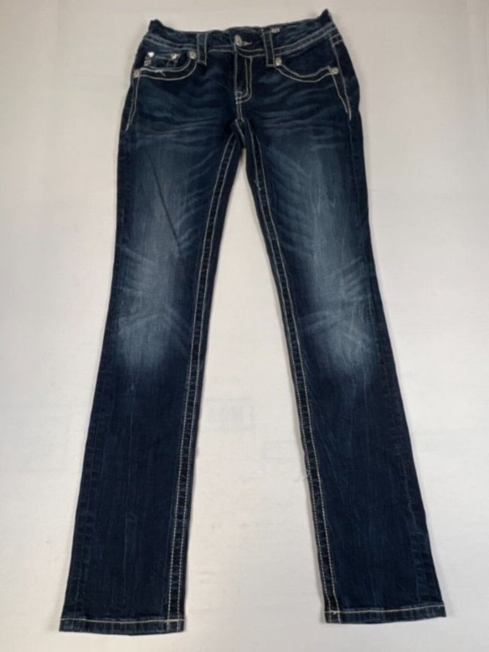 Miss Me Women Size 25 Blue Signature Straight Leg Denim Jeans Embellished Pocket
